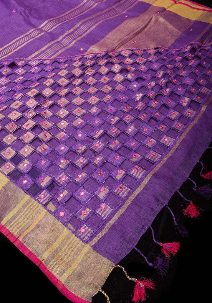 Jaali Pallu - Linen by Linen Cutwork with Pink embroidery and Mirror work Saree in Purple
