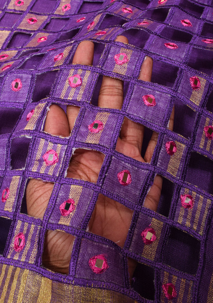 Jaali Pallu - Linen by Linen Cutwork with Pink embroidery and Mirror work Saree in Purple