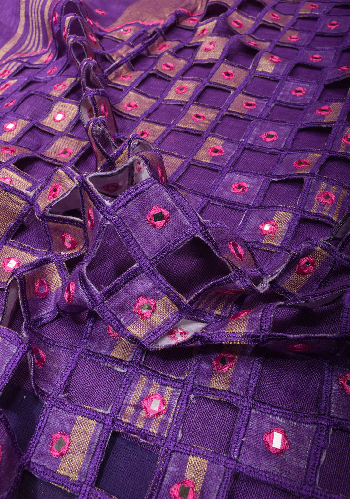 Jaali Pallu - Linen by Linen Cutwork with Pink embroidery and Mirror work Saree in Purple