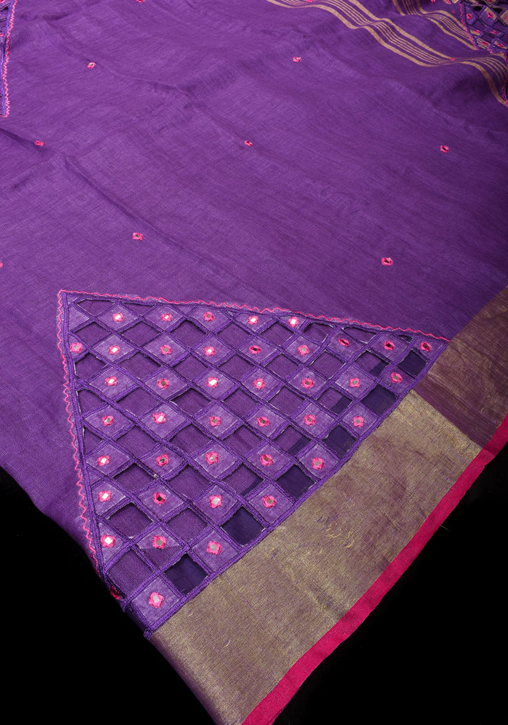 Jaali Pallu - Linen by Linen Cutwork with Pink embroidery and Mirror work Saree in Purple