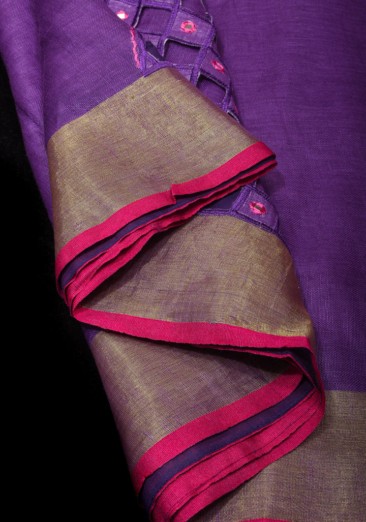 Jaali Pallu - Linen by Linen Cutwork with Pink embroidery and Mirror work Saree in Purple