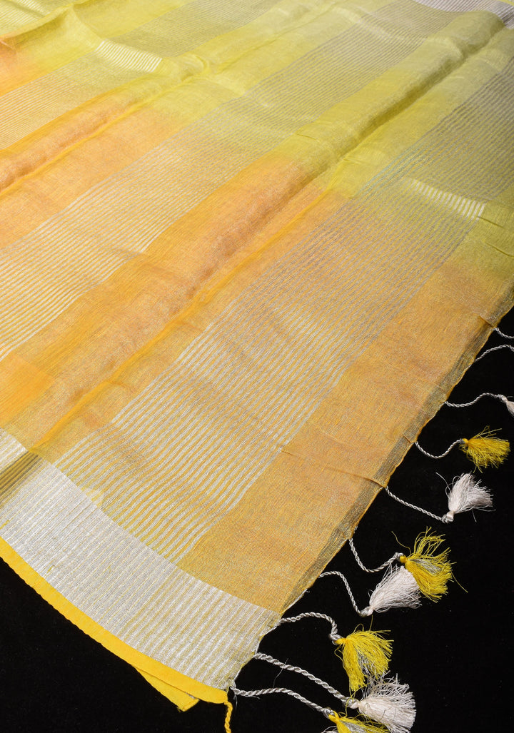 XL Saree - Yellow Ombre Silver Tissue Linen Saree with Silver Ribbed Borders