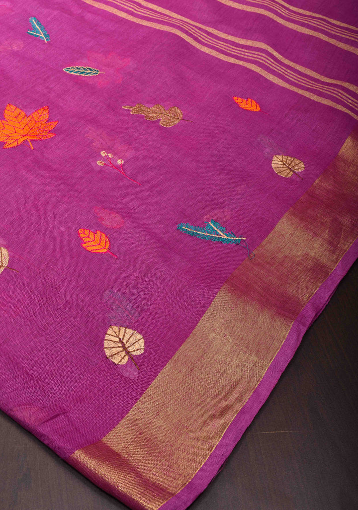 Light Purple Linen Saree with Embroidery | Shobitam Saree