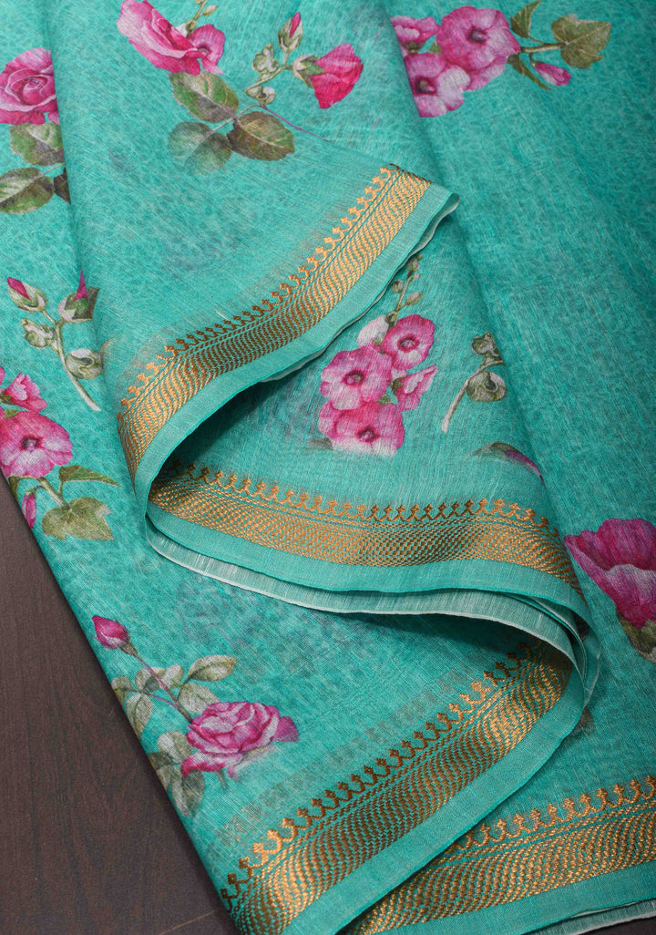Green Floral Digital Print Silk Linen Saree