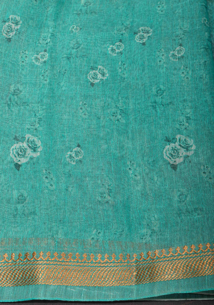 Green Floral Digital Print Silk Linen Saree