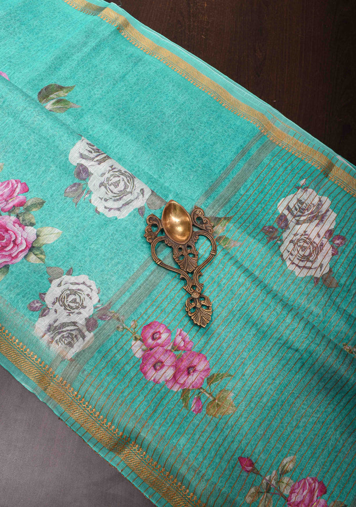 Green Floral Digital Print Silk Linen Saree