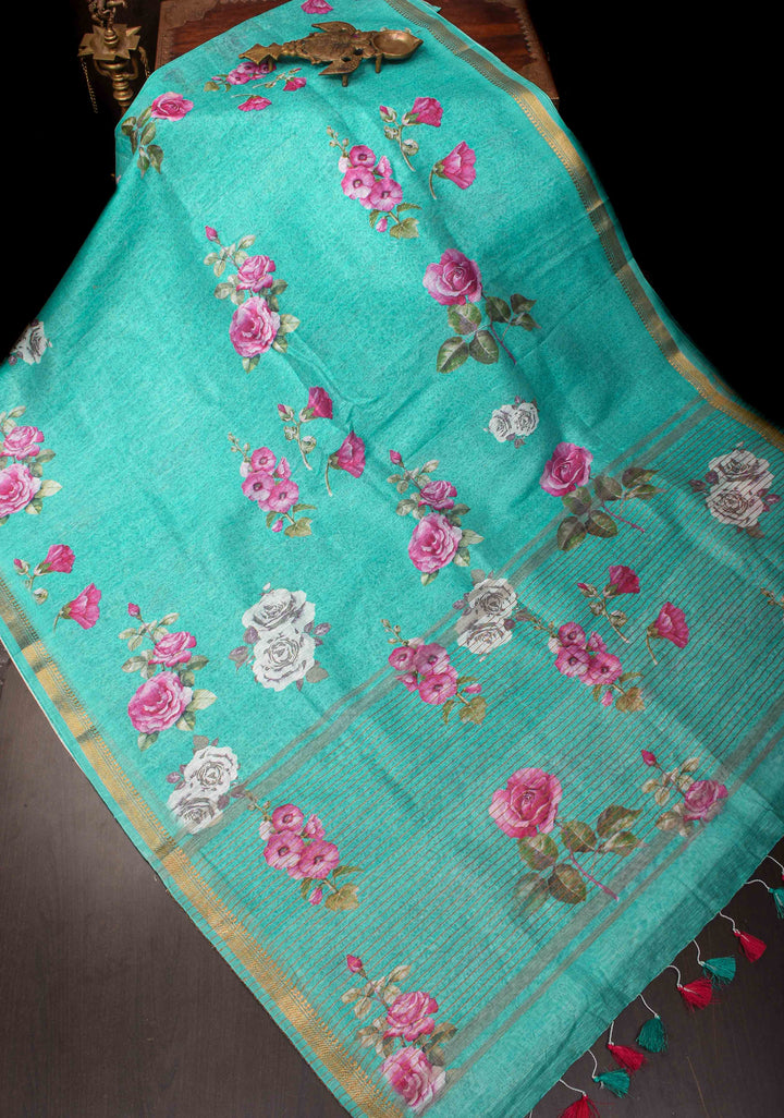 Green Floral Digital Print Silk Linen Saree
