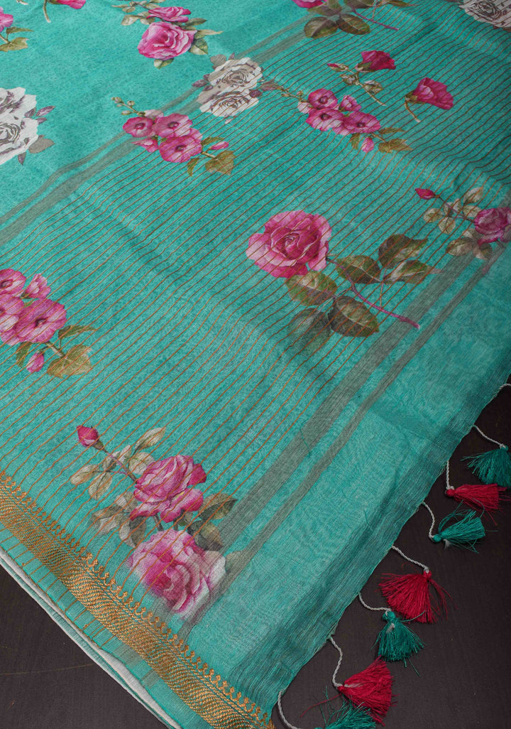 Green Floral Digital Print Silk Linen Saree