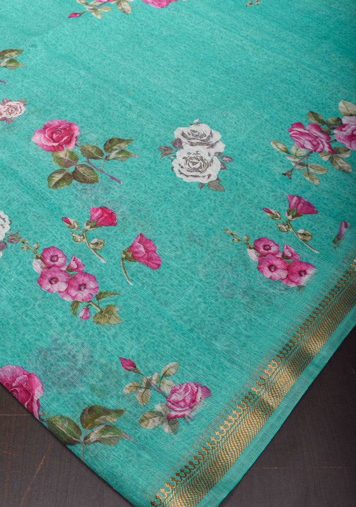 Green Floral Digital Print Silk Linen Saree