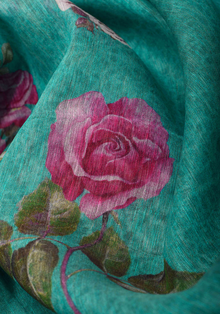 Green Floral Digital Print Silk Linen Saree