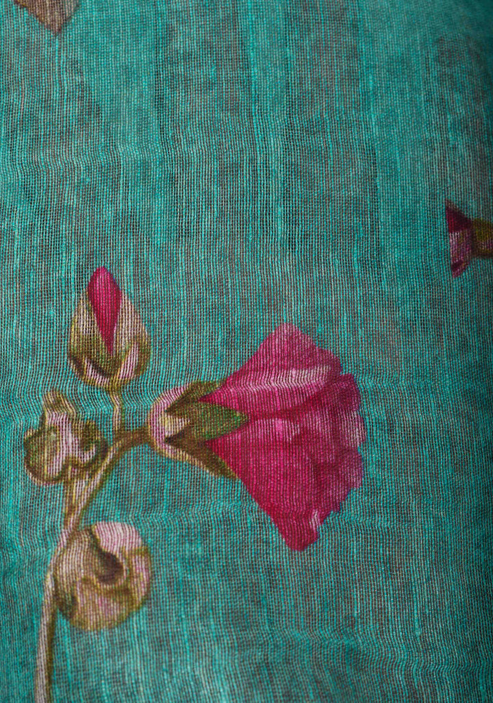 Green Floral Digital Print Silk Linen Saree