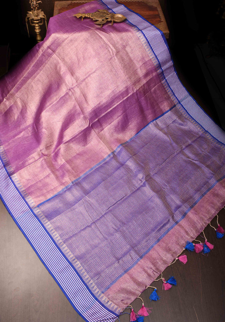 Soft Purple Tissue Linen Saree with contrast Border and Pallu