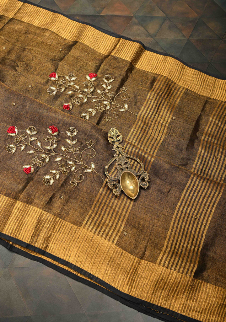 Hand Embroidery and Beadwork in copper and Black on Tissue Linen Saree
