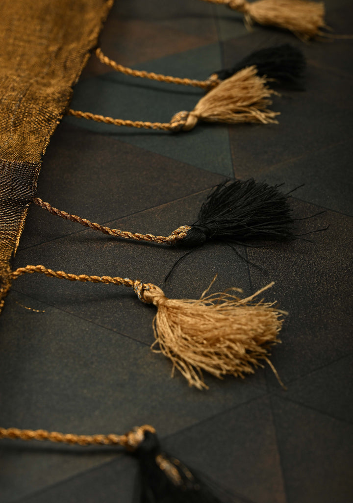 Hand Embroidery and Beadwork in copper and Black on Tissue Linen Saree