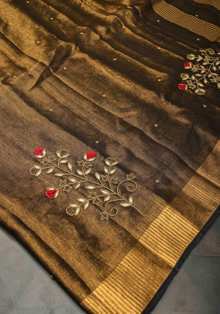 Hand Embroidery and Beadwork in copper and Black on Tissue Linen Saree