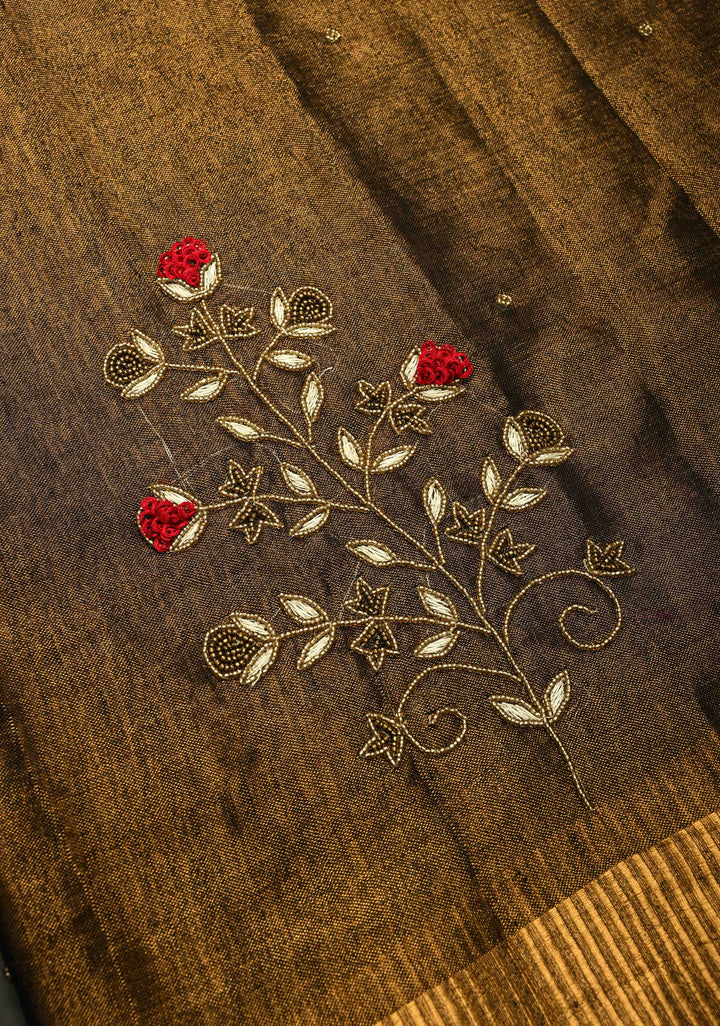 Hand Embroidery and Beadwork in copper and Black on Tissue Linen Saree