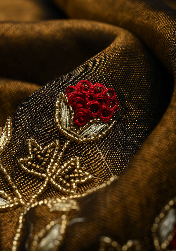 Hand Embroidery and Beadwork in copper and Black on Tissue Linen Saree