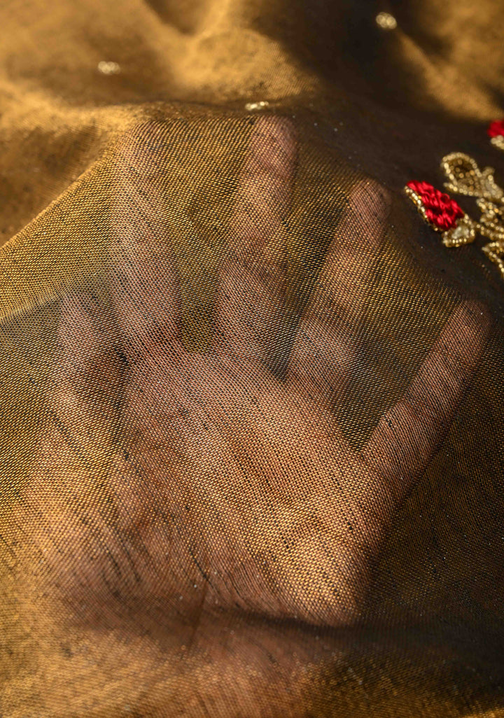 Hand Embroidery and Beadwork in copper and Black on Tissue Linen Saree