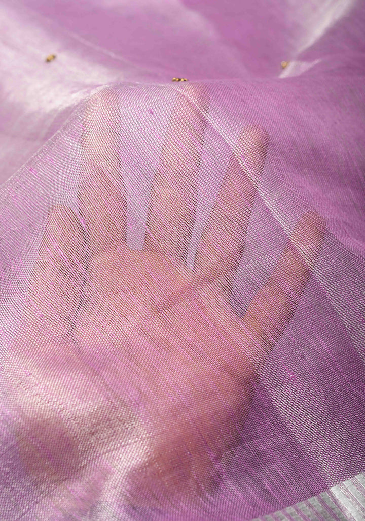 Hand Beadwork on Tissue Linen Saree in Lavender with Silver Tissue