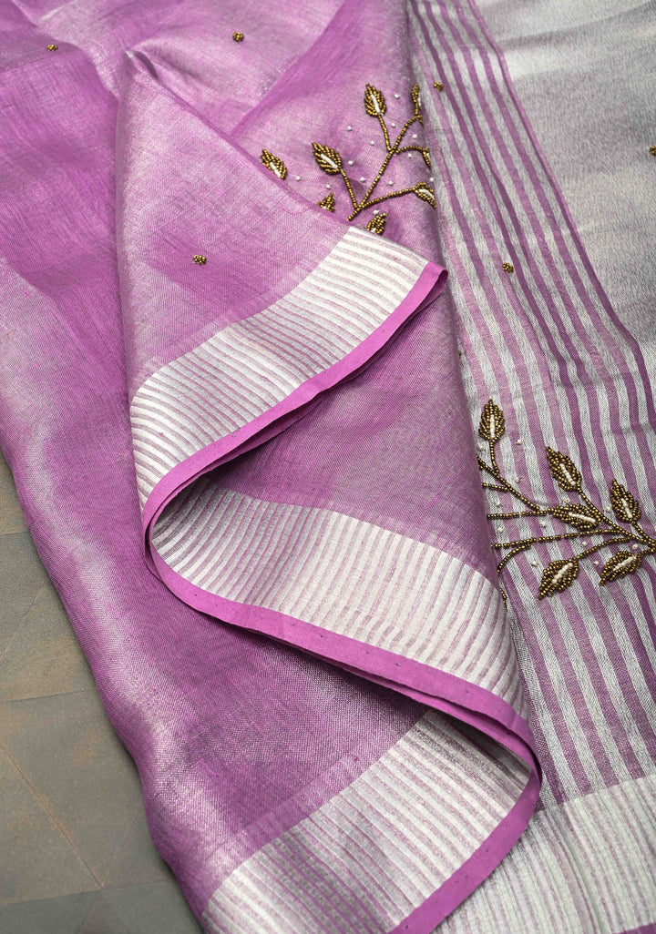Hand Beadwork on Tissue Linen Saree in Lavender with Silver Tissue