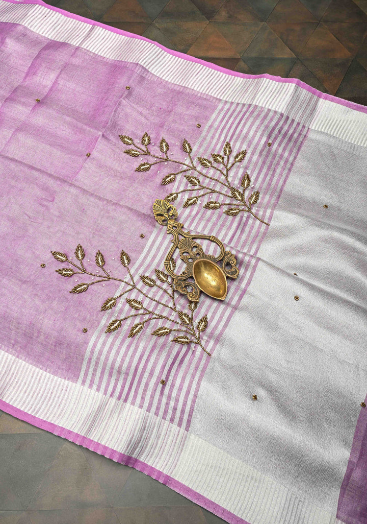 Hand Beadwork on Tissue Linen Saree in Lavender with Silver Tissue