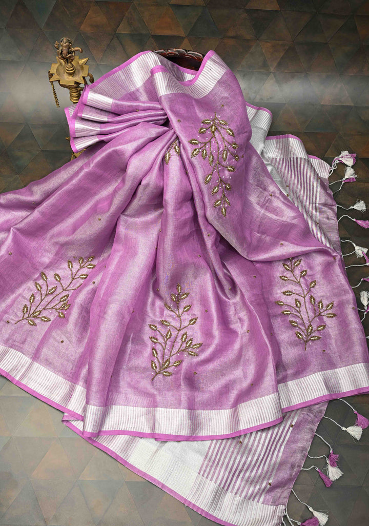 Hand Beadwork on Tissue Linen Saree in Lavender with Silver Tissue