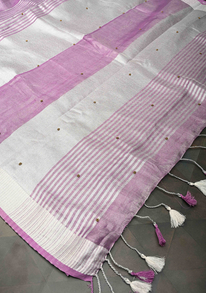 Hand Beadwork on Tissue Linen Saree in Lavender with Silver Tissue