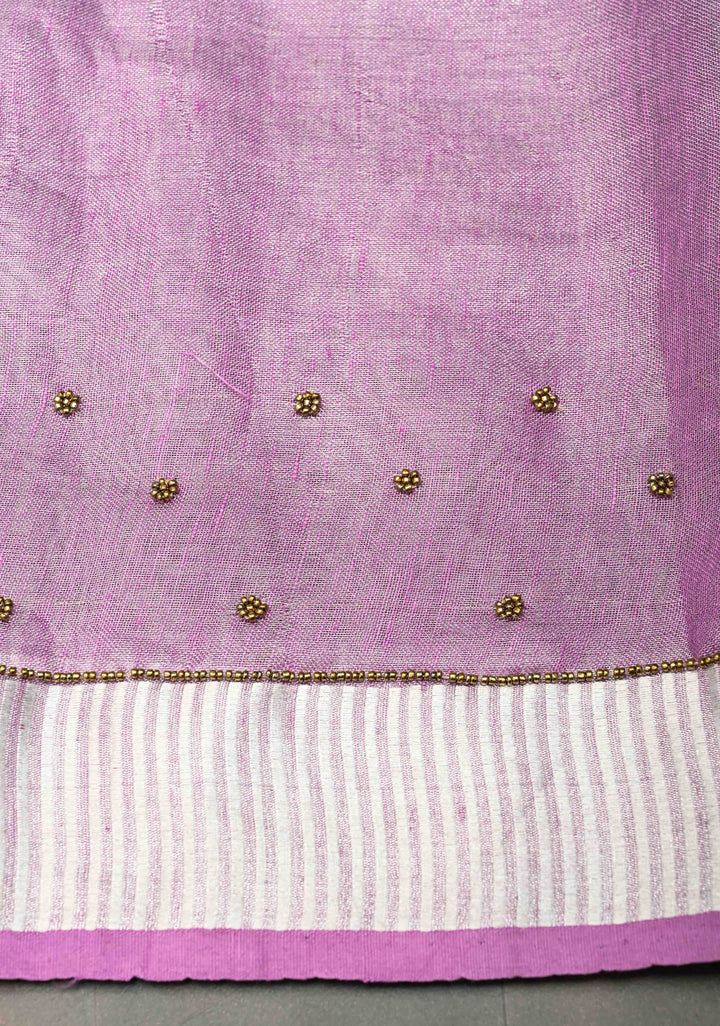 Hand Beadwork on Tissue Linen Saree in Lavender with Silver Tissue