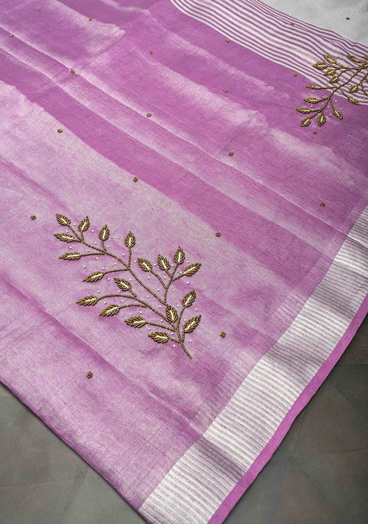Hand Beadwork on Tissue Linen Saree in Lavender with Silver Tissue
