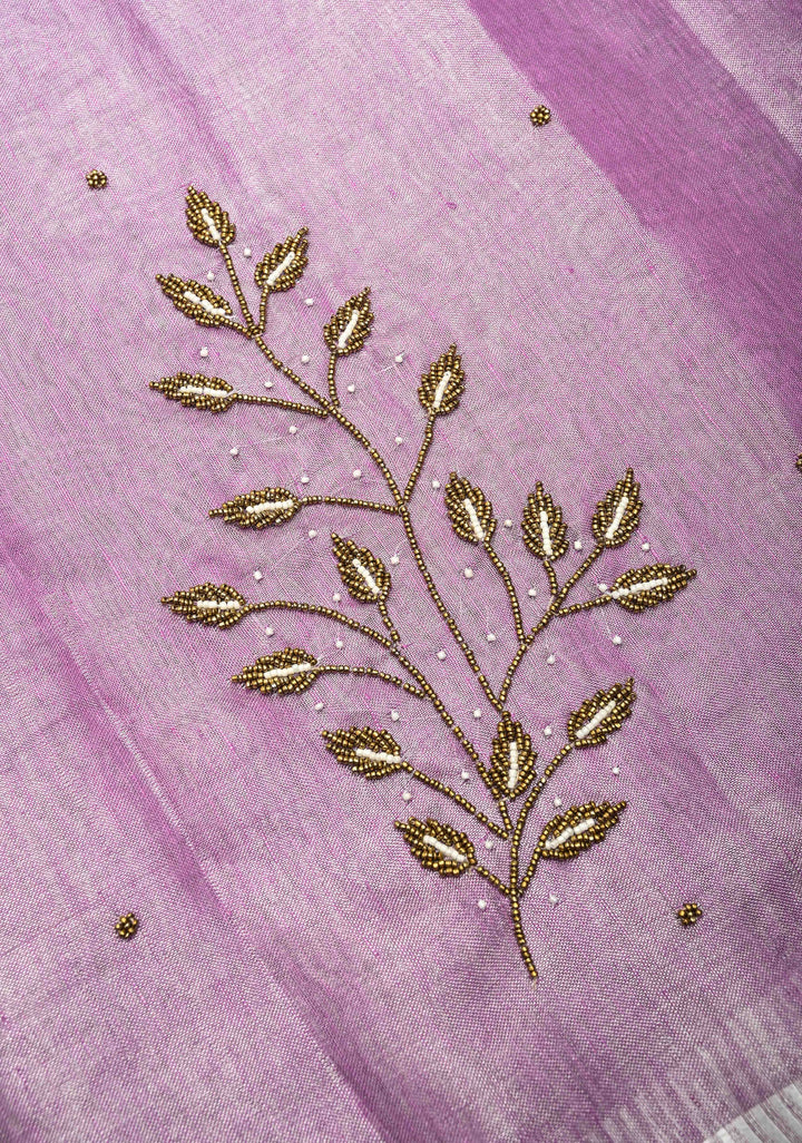 Hand Beadwork on Tissue Linen Saree in Lavender with Silver Tissue
