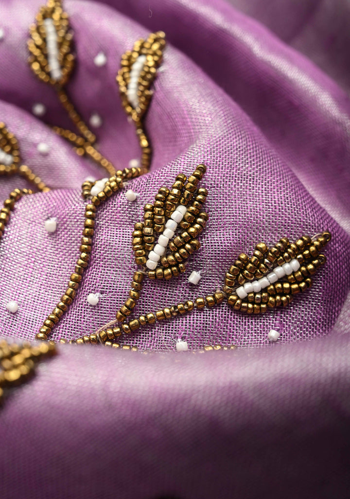 Hand Beadwork on Tissue Linen Saree in Lavender with Silver Tissue