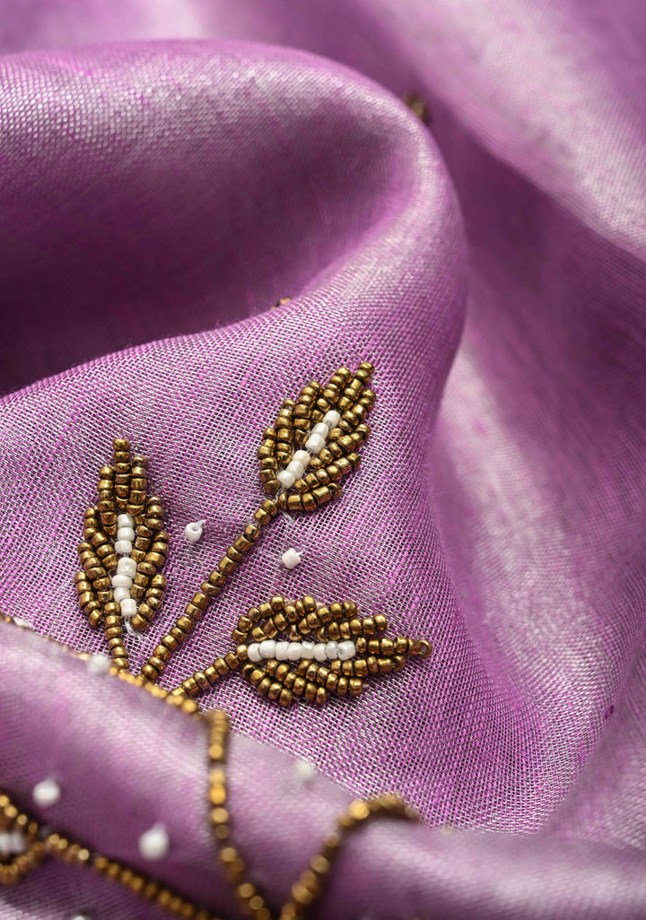 Hand Beadwork on Tissue Linen Saree in Lavender with Silver Tissue