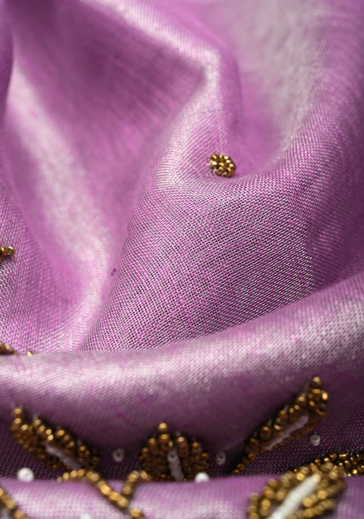 Hand Beadwork on Tissue Linen Saree in Lavender with Silver Tissue