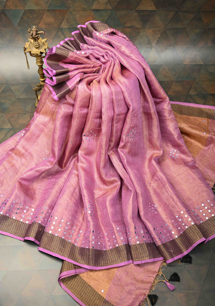 Lavender Tissue Linen Saree with Mirror Work