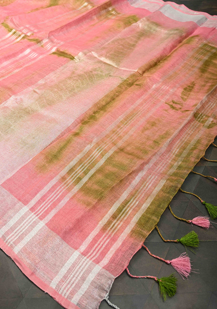 Shibori in Pink & Green on Linen by Linen Saree with Silver Zari Border