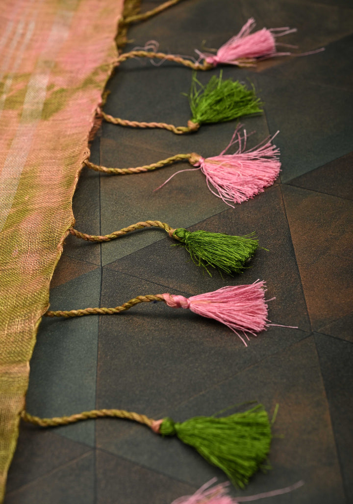 Shibori in Pink & Green on Linen by Linen Saree with Silver Zari Border