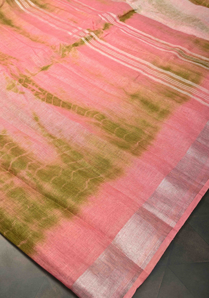 Shibori in Pink & Green on Linen by Linen Saree with Silver Zari Border