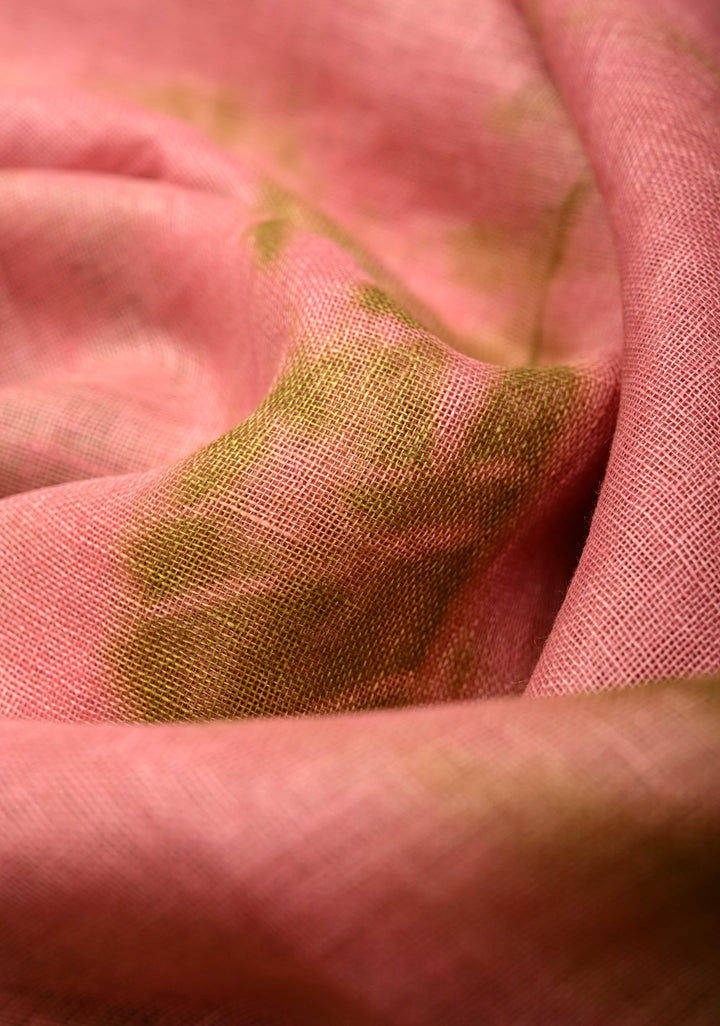 Shibori in Pink & Green on Linen by Linen Saree with Silver Zari Border