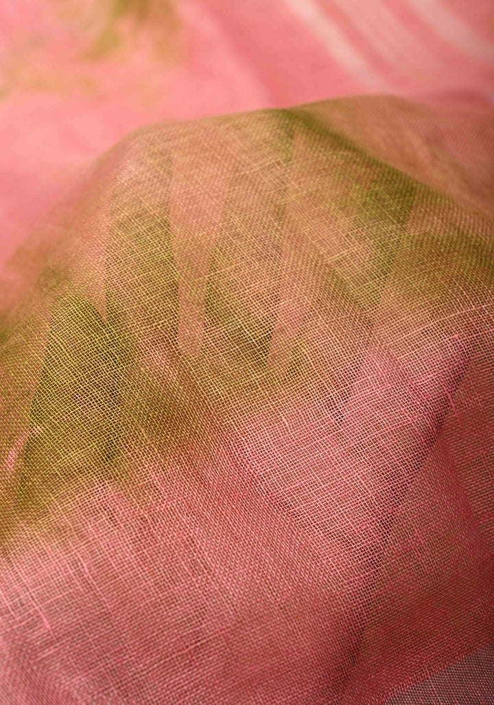 Shibori in Pink & Green on Linen by Linen Saree with Silver Zari Border