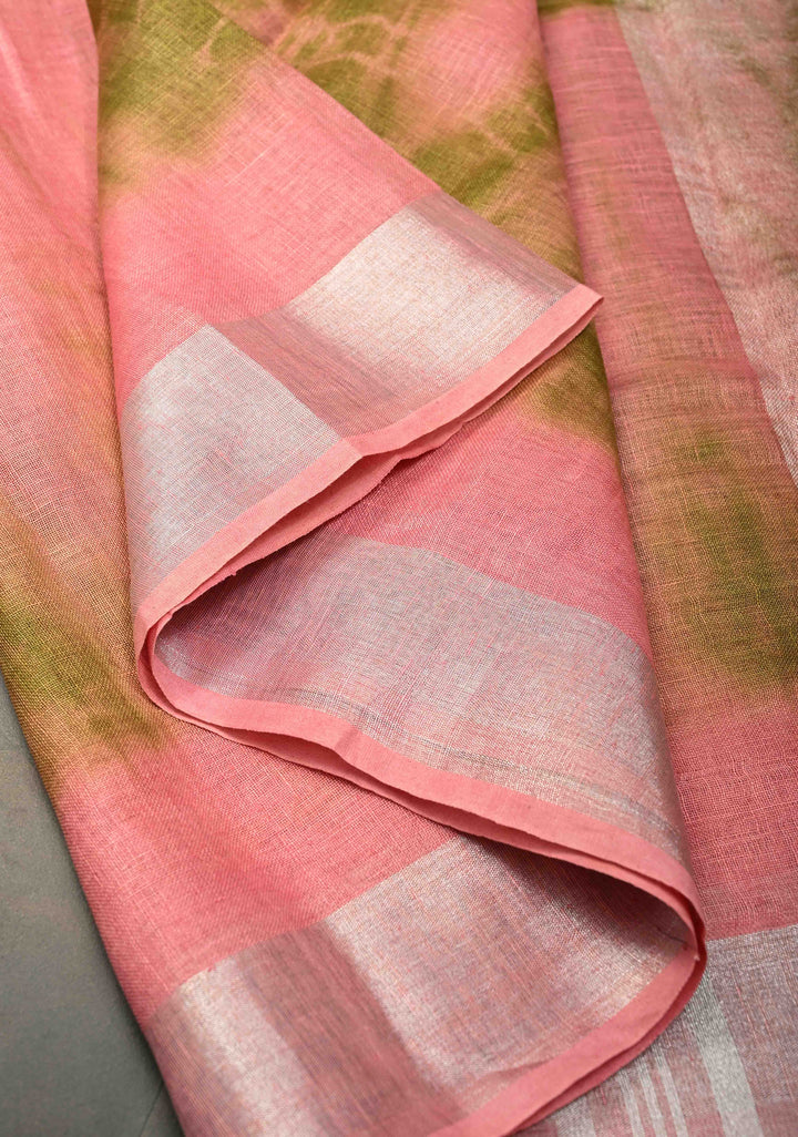 Shibori in Pink & Green on Linen by Linen Saree with Silver Zari Border