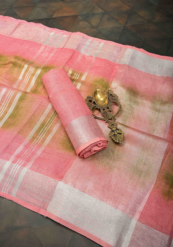 Shibori in Pink & Green on Linen by Linen Saree with Silver Zari Border