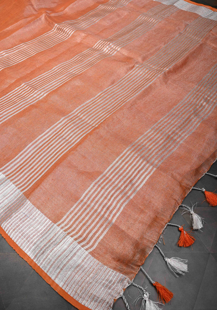 Orange Tissue Linen Saree with Silver Zari Border