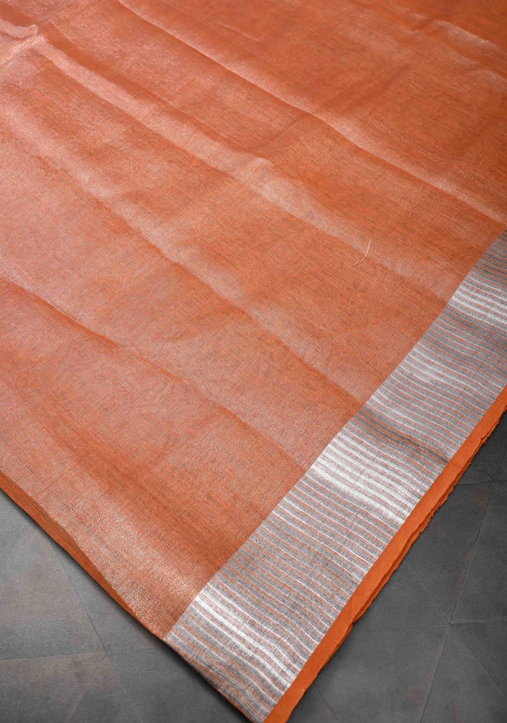 Orange Tissue Linen Saree with Silver Zari Border