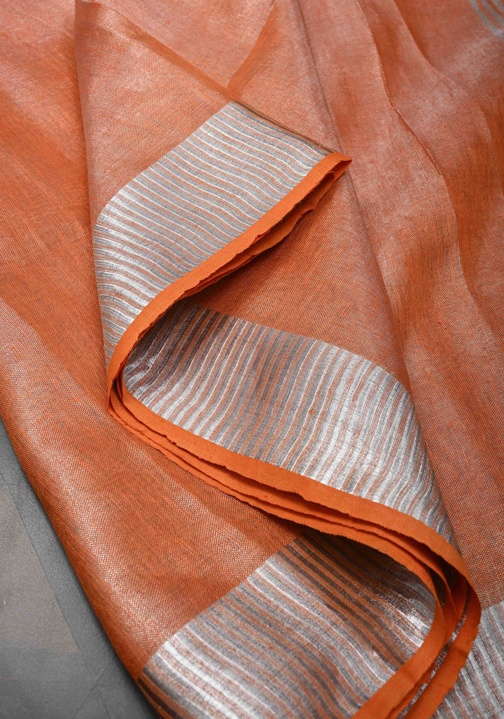 Orange Tissue Linen Saree with Silver Zari Border