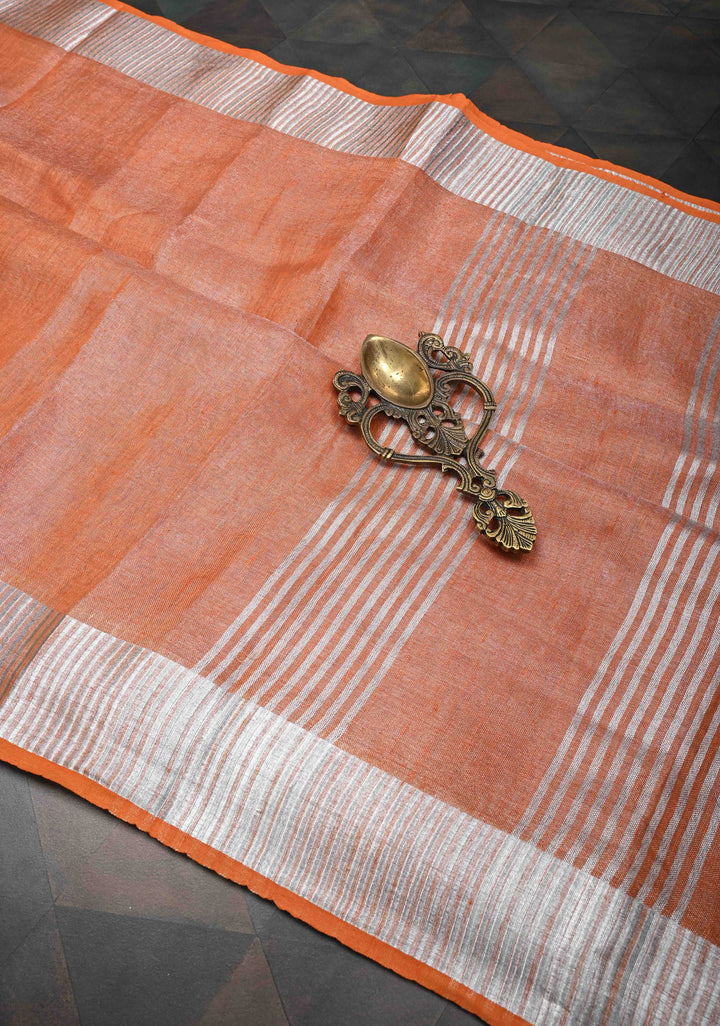 Orange Tissue Linen Saree with Silver Zari Border