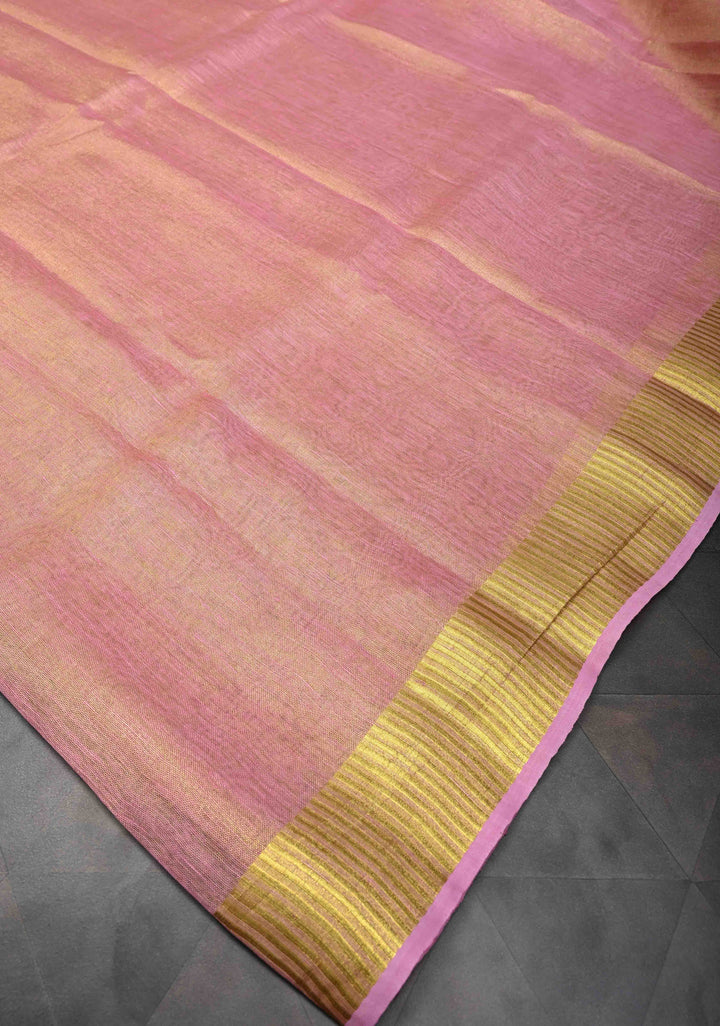 Light Pink Tissue Linen Saree With Zari Border