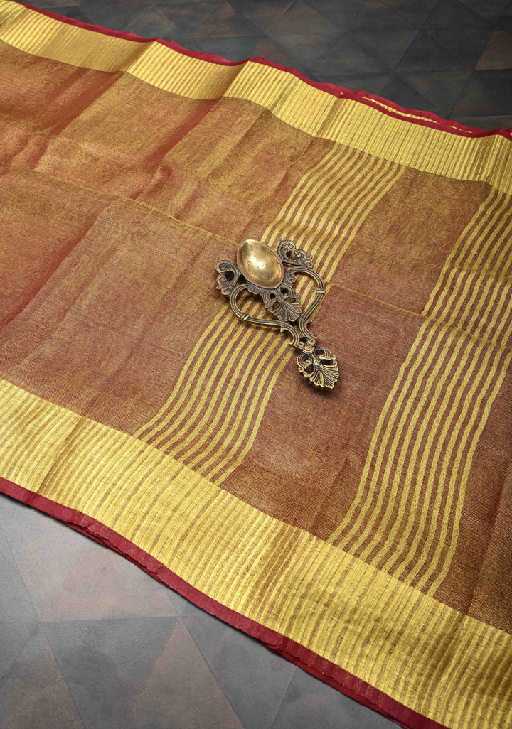 Maroon Tissue Linen Saree with Zari Border
