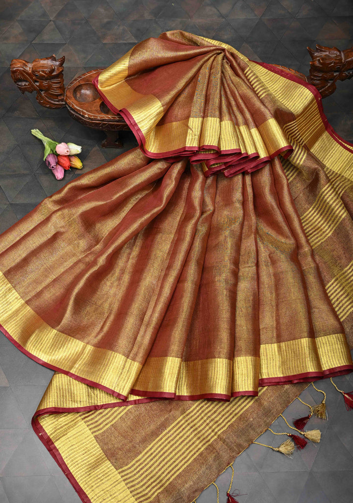 Maroon Tissue Linen Saree with Zari Border
