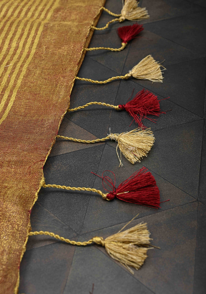 Maroon Tissue Linen Saree with Zari Border