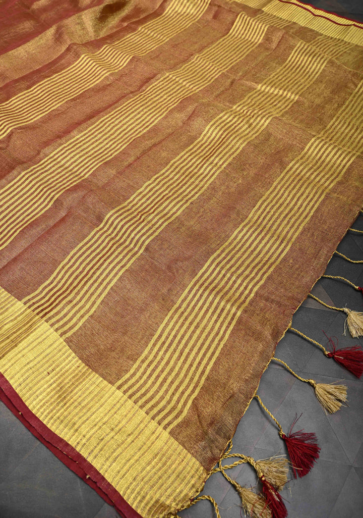 Maroon Tissue Linen Saree with Zari Border